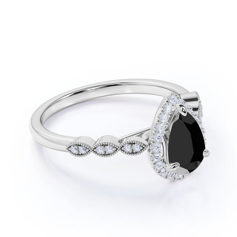 2.30 Ct Pear and Round Cut Black Diamond Halo Engagement Rings Black Diamond Engagement Ring