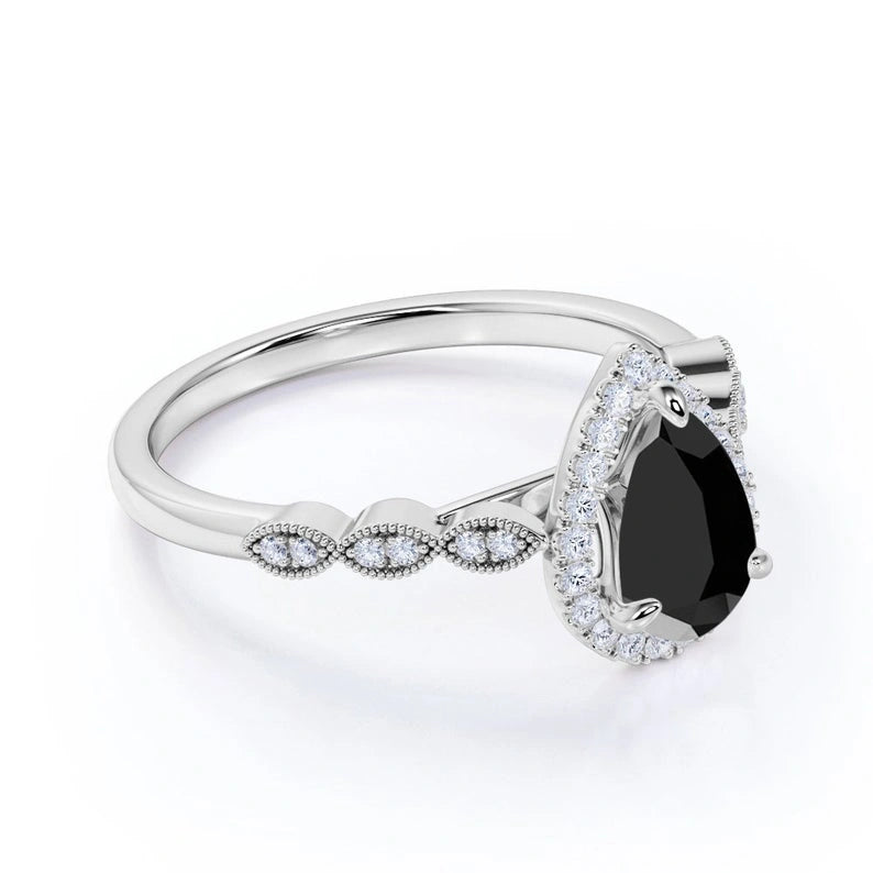 2.30 Ct Pear and Round Cut Black Diamond Halo Engagement Rings Black Diamond Engagement Ring