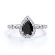 2.30 Ct Pear and Round Cut Black Diamond Halo Engagement Rings Black Diamond Engagement Ring