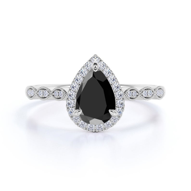 2.30 Ct Pear and Round Cut Black Diamond Halo Engagement Rings Black Diamond Engagement Ring