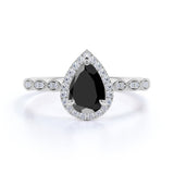 2.30 Ct Pear and Round Cut Black Diamond Halo Engagement Rings
