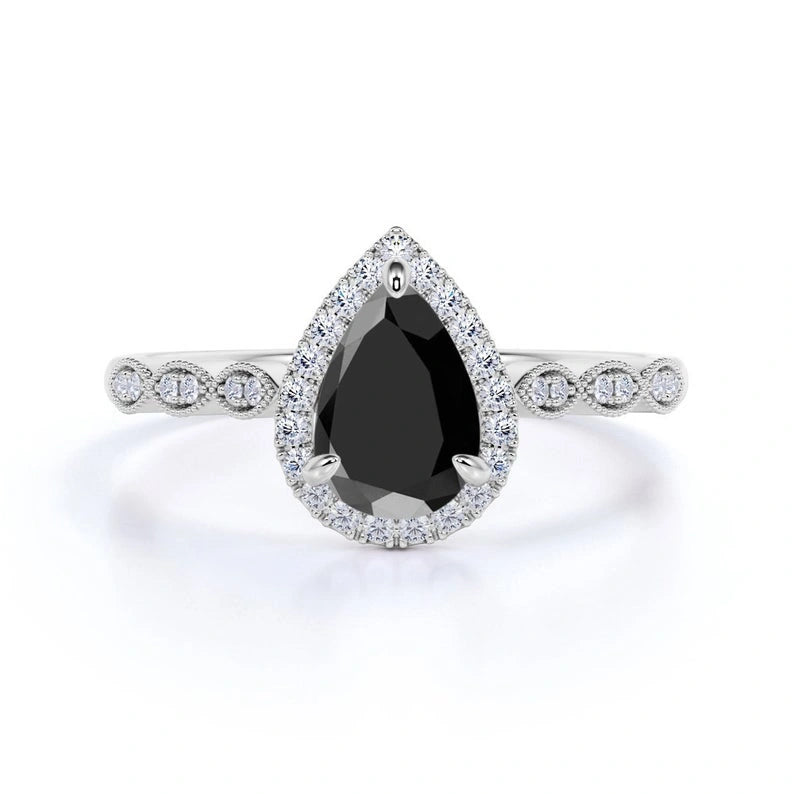 2.30 Ct Pear and Round Cut Black Diamond Halo Engagement Rings Black Diamond Engagement Ring