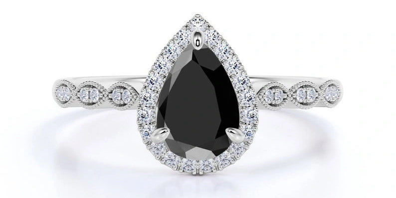 2.30 Ct Pear and Round Cut Black Diamond Halo Engagement Rings Black Diamond Ring