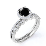 2.10 Ct Round Cut Prong Setting Halo Black And White Diamond Bridal Set Ring In White Gold