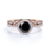 2.10 Ct Round Cut Prong Setting Halo Black And White Diamond Bridal Set Ring In Rose Gold