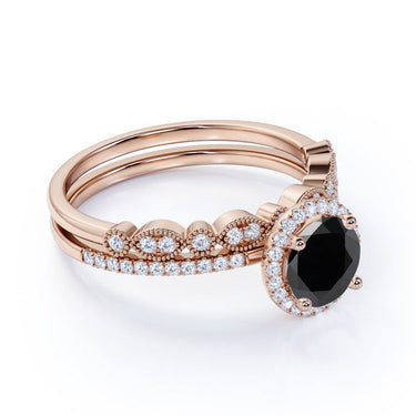 2.10 Ct Round Cut Prong Setting Halo Black And White Diamond Bridal Set Ring In Rose Gold