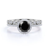 2.10 Ct Round Cut Prong Setting Halo Black And White Diamond Bridal Set Ring In White Gold