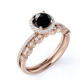 2.10 Ct Round Cut Prong Setting Halo Black And White Diamond Bridal Set Ring In Rose Gold