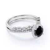 2.10 Ct Round Cut Prong Setting Halo Black And White Diamond Bridal Set Ring In White Gold