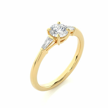 1 Ct Round & Baguette Cut Three Stone Diamond Ring In Yellow Gold