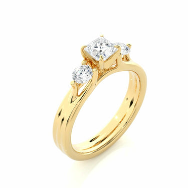 1 Carat Princess And Round Cut Three Stone Prong Setting Diamon Ring In Yellow Gold