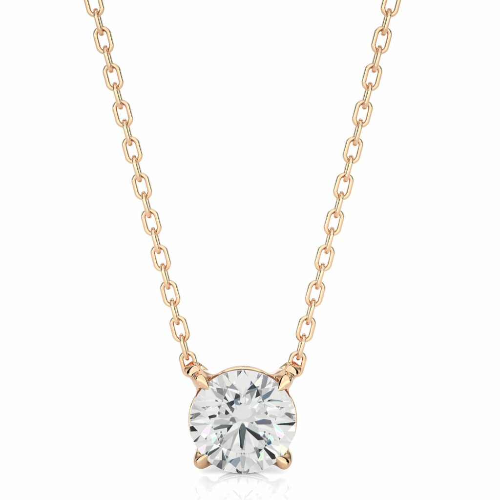 1.05 Carat Round Solitaire 4 Prong Diamond Pendant & Chain In Yellow Gold Rose