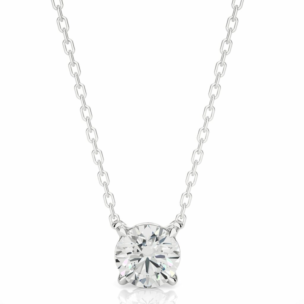 1.05 Carat Round Solitaire 4 Prong Diamond Pendant & Chain In Yellow Gold White