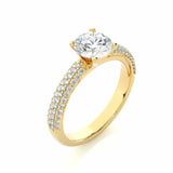 1.50 Ct Round Cut 3 Row Pave Solitaire Diamond Engagement Ring in Yellow Gold