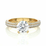 1.50 Ct Round Cut 3 Row Pave Solitaire Diamond Engagement Ring in Yellow Gold