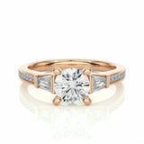 1.70 Ct Round And Baguette Cut Three Stone Diamond Ring With Accents In Rose Gold