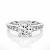 1.70 Ct Round And Baguette Cut Three Stone Diamond Ring With Accents In White Gold