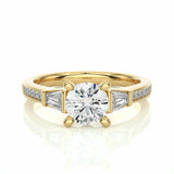 1.70 Ct Round And Baguette Cut Three Stone Diamond Ring With Accents In Yellow Gold