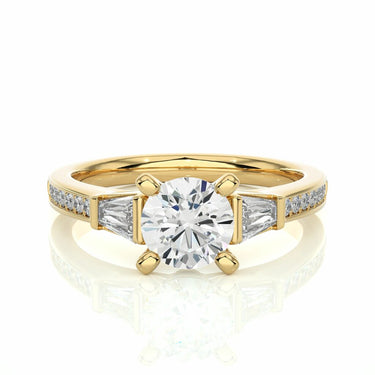 1.70 Ct Round And Baguette Cut Three Stone Diamond Ring With Accents In Yellow Gold