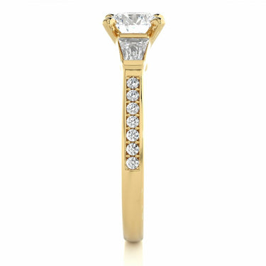 1.70 Ct Round And Baguette Cut Three Stone Diamond Ring With Accents In Yellow Gold