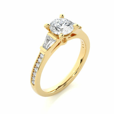 1.70 Ct Round And Baguette Cut Three Stone Diamond Ring With Accents In Yellow Gold