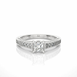 1.30 Ct Princess Cut 4 Prong Set Lab Diamond Solitaire With Accent Ring In White Gold