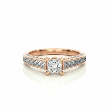 Anillo de diamantes con halo de talla princesa y punta redonda de 1,30 quilates con detalles en oro rosa 