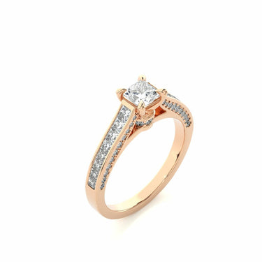 1.30 Ct Halo Princess And Round Cut Prong Set Diamond Ring With Accents In Rose Gold