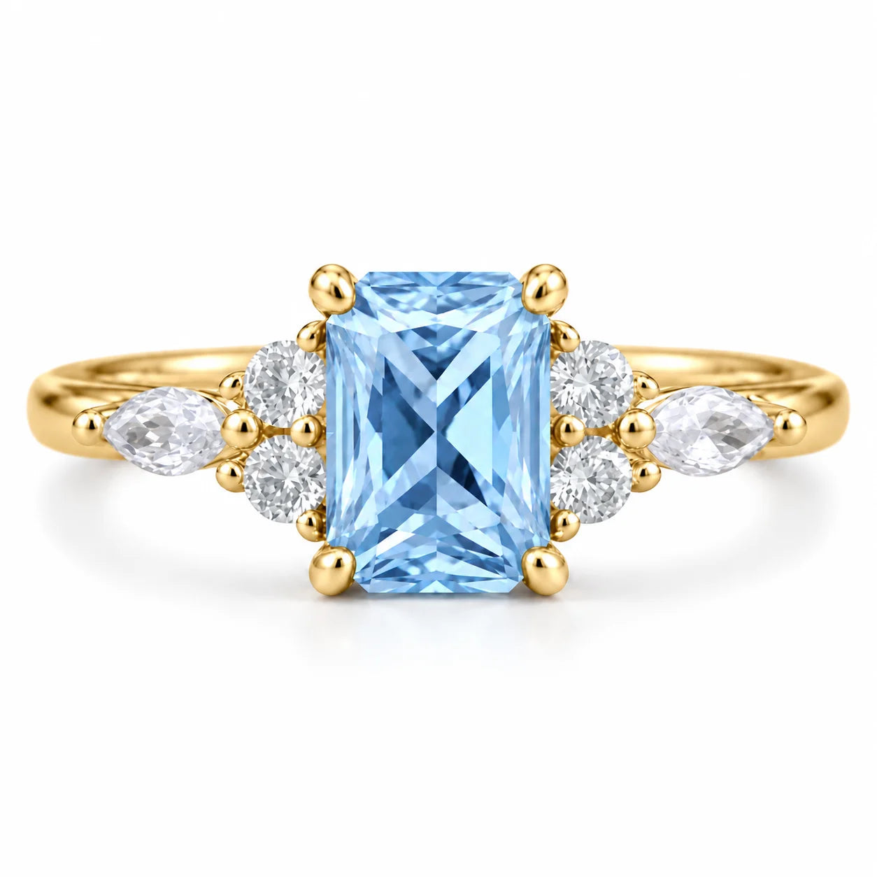 1.34 Carat Radiant Cut Diamond Ring with Marquise and Round Diamonds 18K Yellow Gold