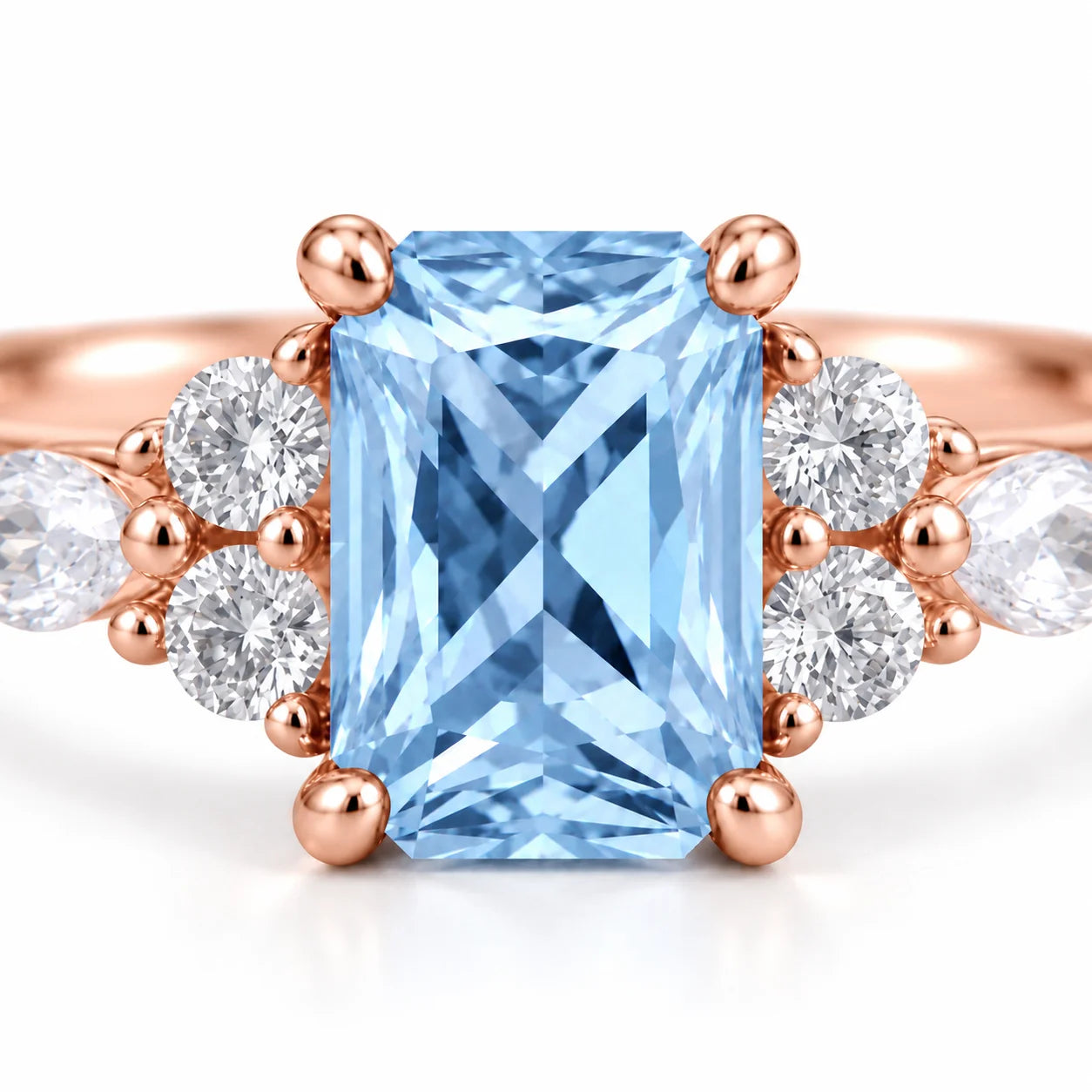 Close up view of 1.34 Carat Radiant Cut Diamond Ring with Marquise and Round Diamonds