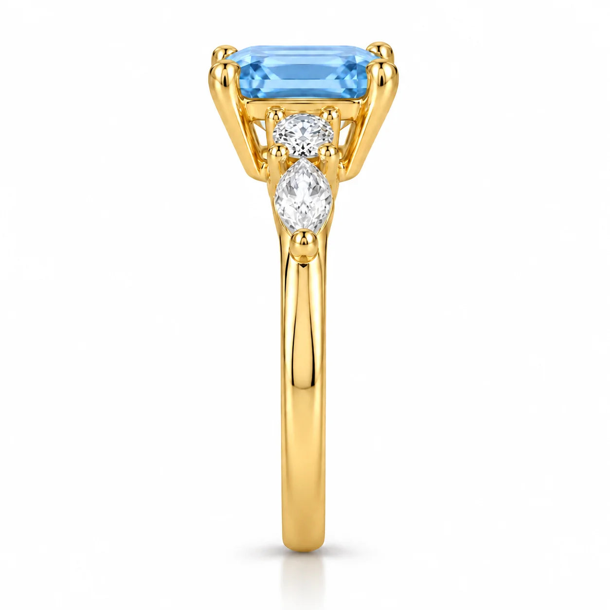 Side view of 1.34 Carat Radiant Cut Diamond Ring with Marquise and Round Diamonds