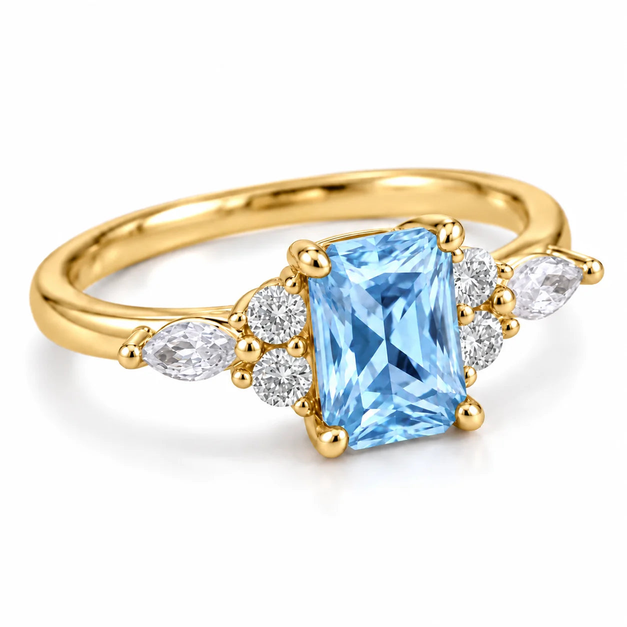 Angled View of 1.34 Carat Radiant Cut Diamond Ring with Marquise and Round Diamonds