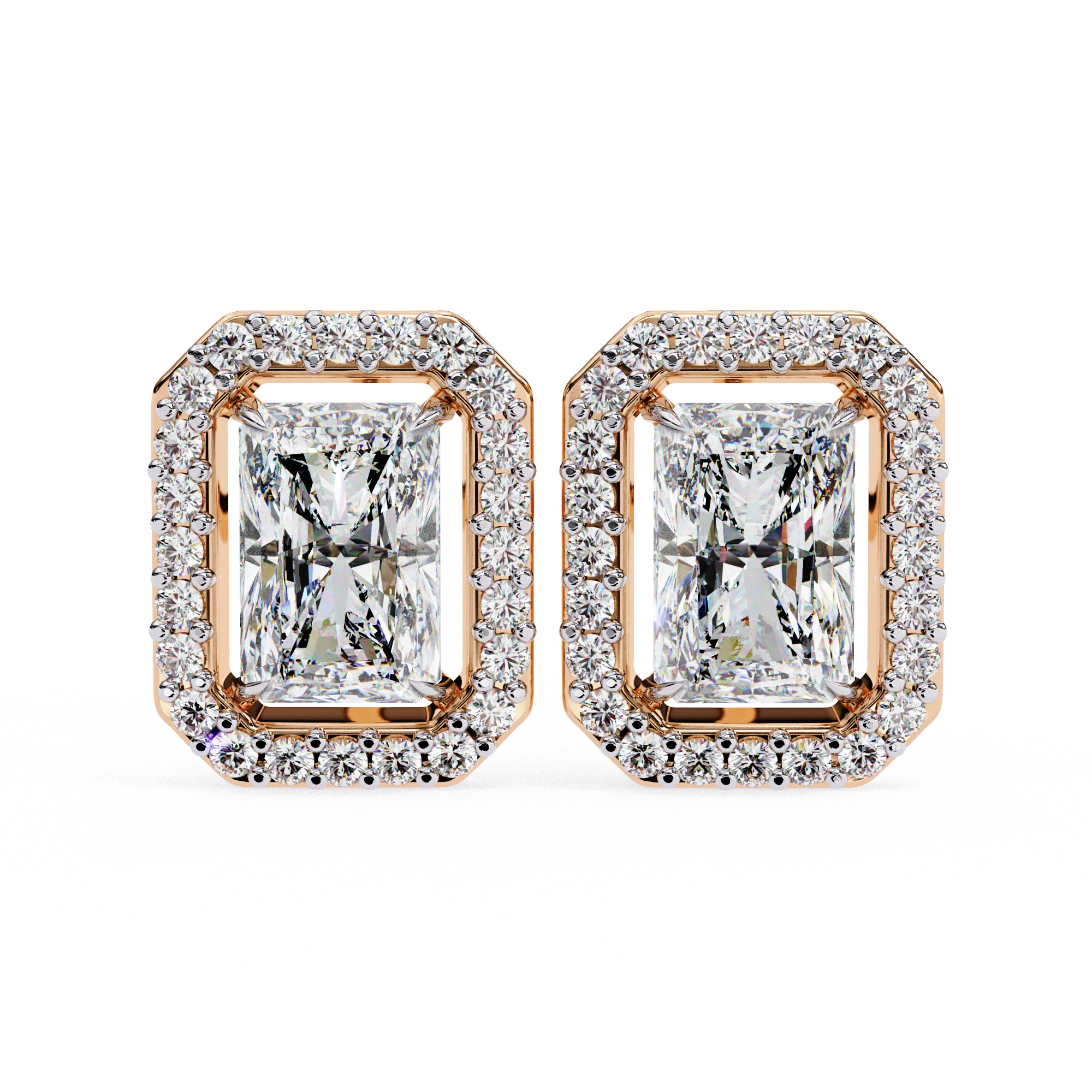 1.36 Carat Emerald Cut Diamond Stud Earrings with Halo Design in Gold for Women 18K Rose Gold Natural Diamond