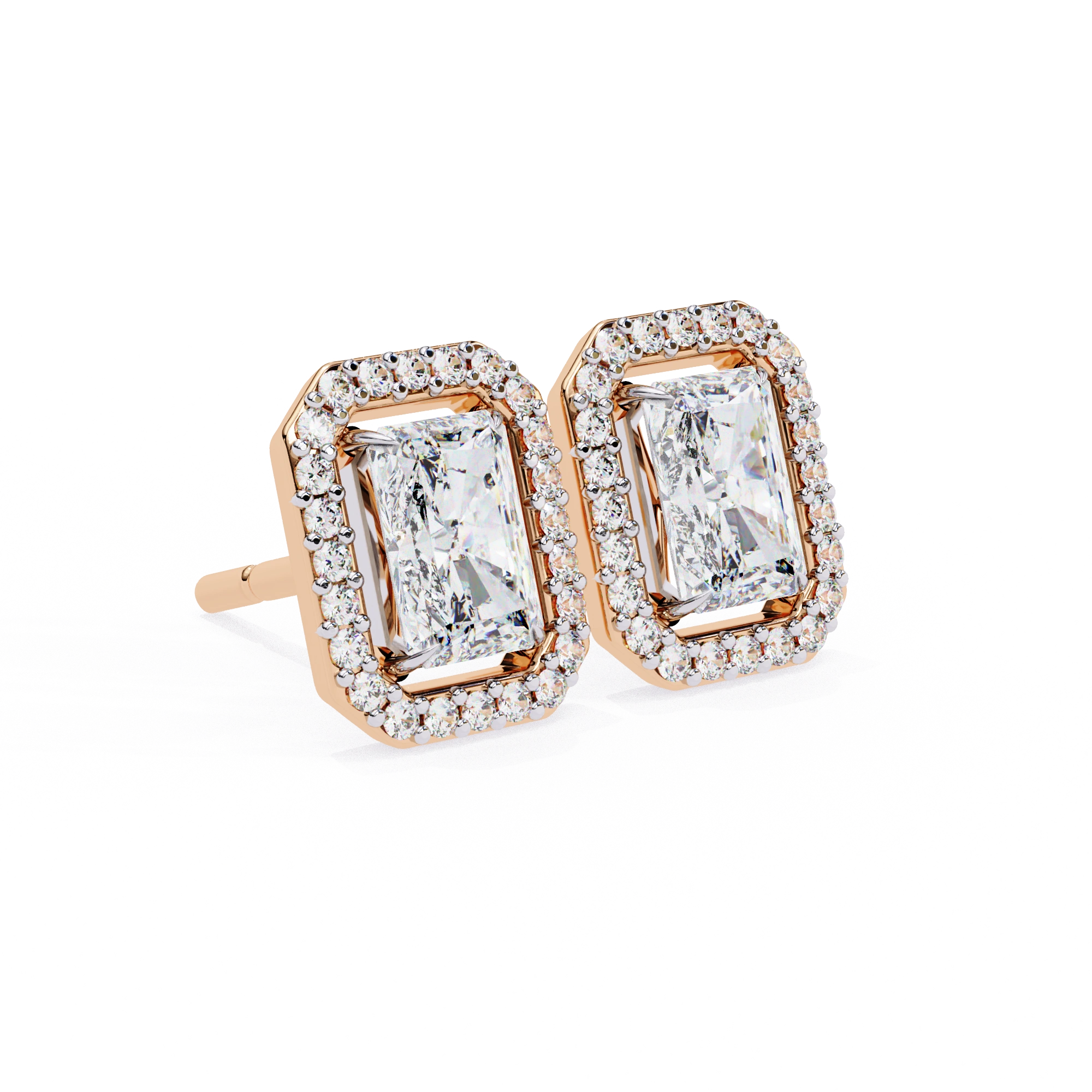 1.36 Carat Emerald Cut Diamond Stud Earrings with Halo Design in Gold for Women