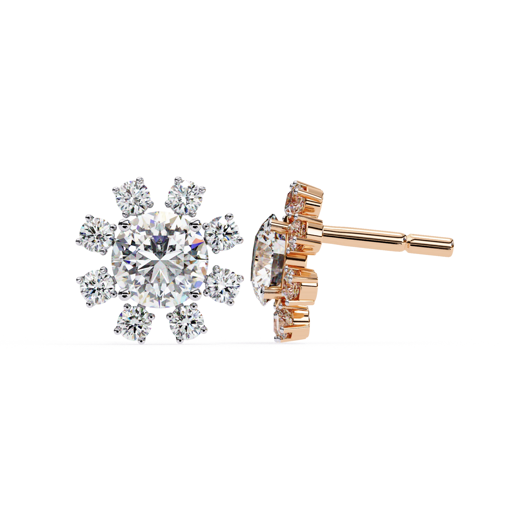 1.40 Carat Floral Cluster Diamond Stud Earrings Women's Round Center Stone 18K Rose Gold Natural Diamond