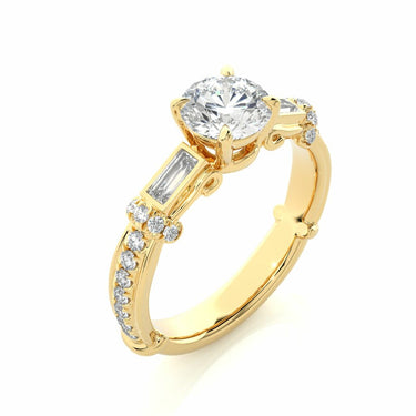 1.50 Ct Round And baguette Cut Prong Setting Lab Diamond Ring In Yellow Gold