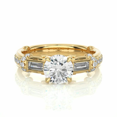 1.50 Ct Round And baguette Cut Prong Setting Lab Diamond Ring In Yellow Gold