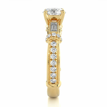 1.50 Ct Round And baguette Cut Prong Setting Lab Diamond Ring In Yellow Gold