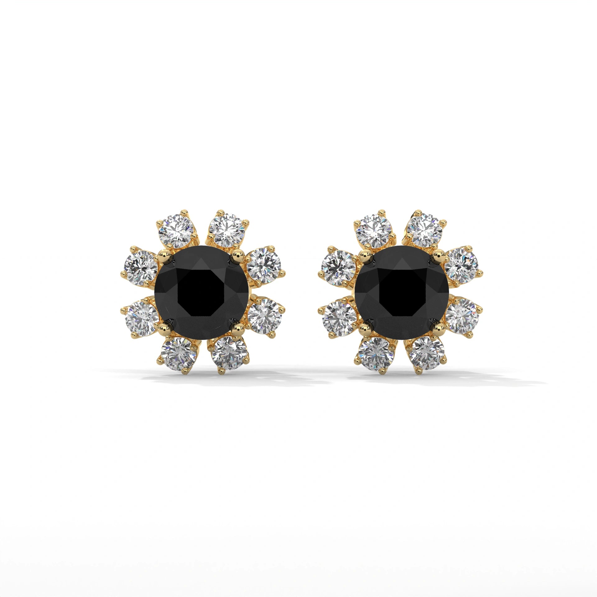 1.40 Carat Black Diamond Floral Halo Stud Earrings Screw Back 18K Yellow Gold