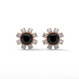 Floral Halo 1.40 Carat Round Cut Black Diamond Earrings Screw Back