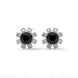 Floral Halo 1.40 Carat Round Cut Black Diamond Earrings Screw Back