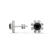 Floral Halo 1.40 Carat Round Cut Black Diamond Earrings Screw Back