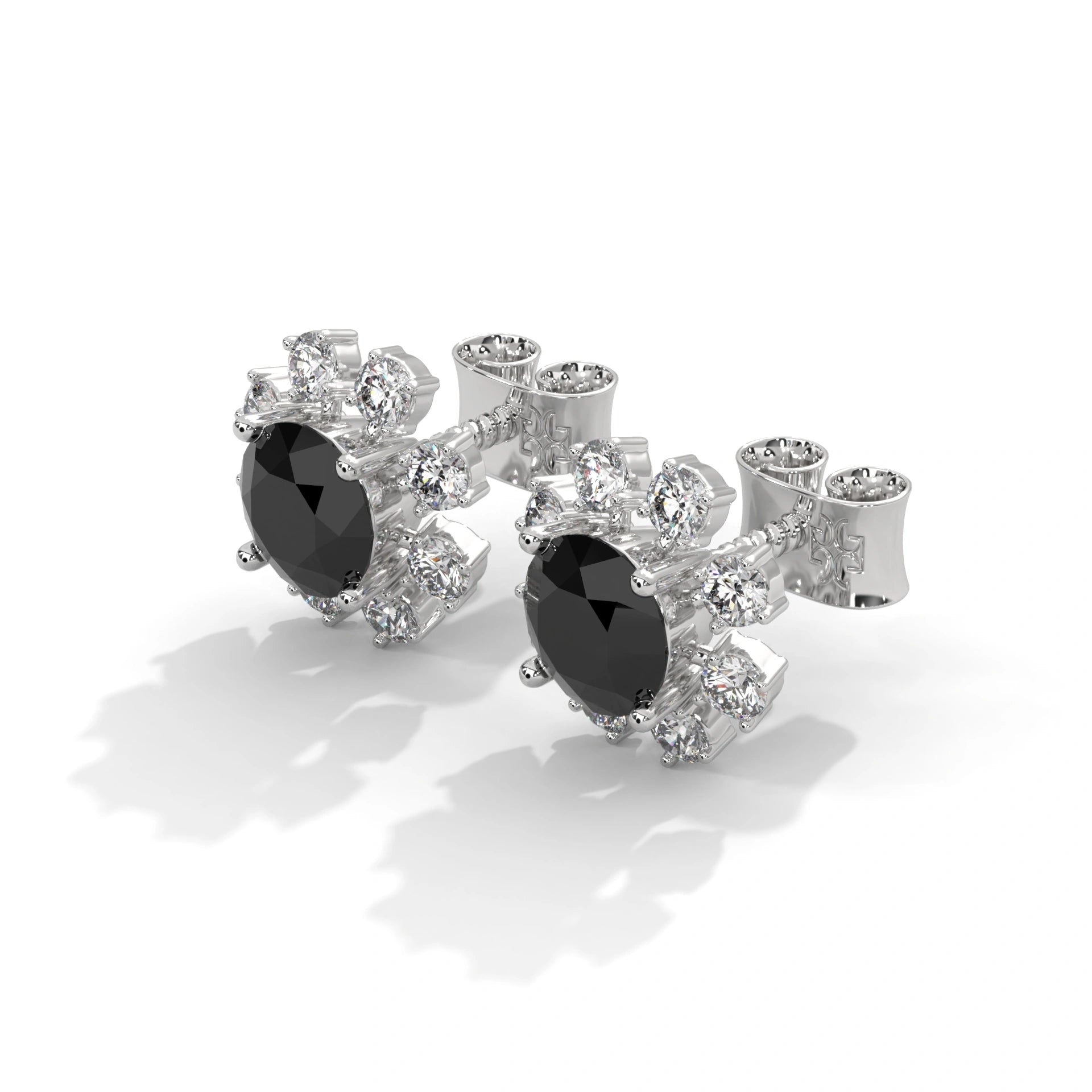 Floral Halo 1.40 Carat Round Cut Black Diamond Earrings Screw Back