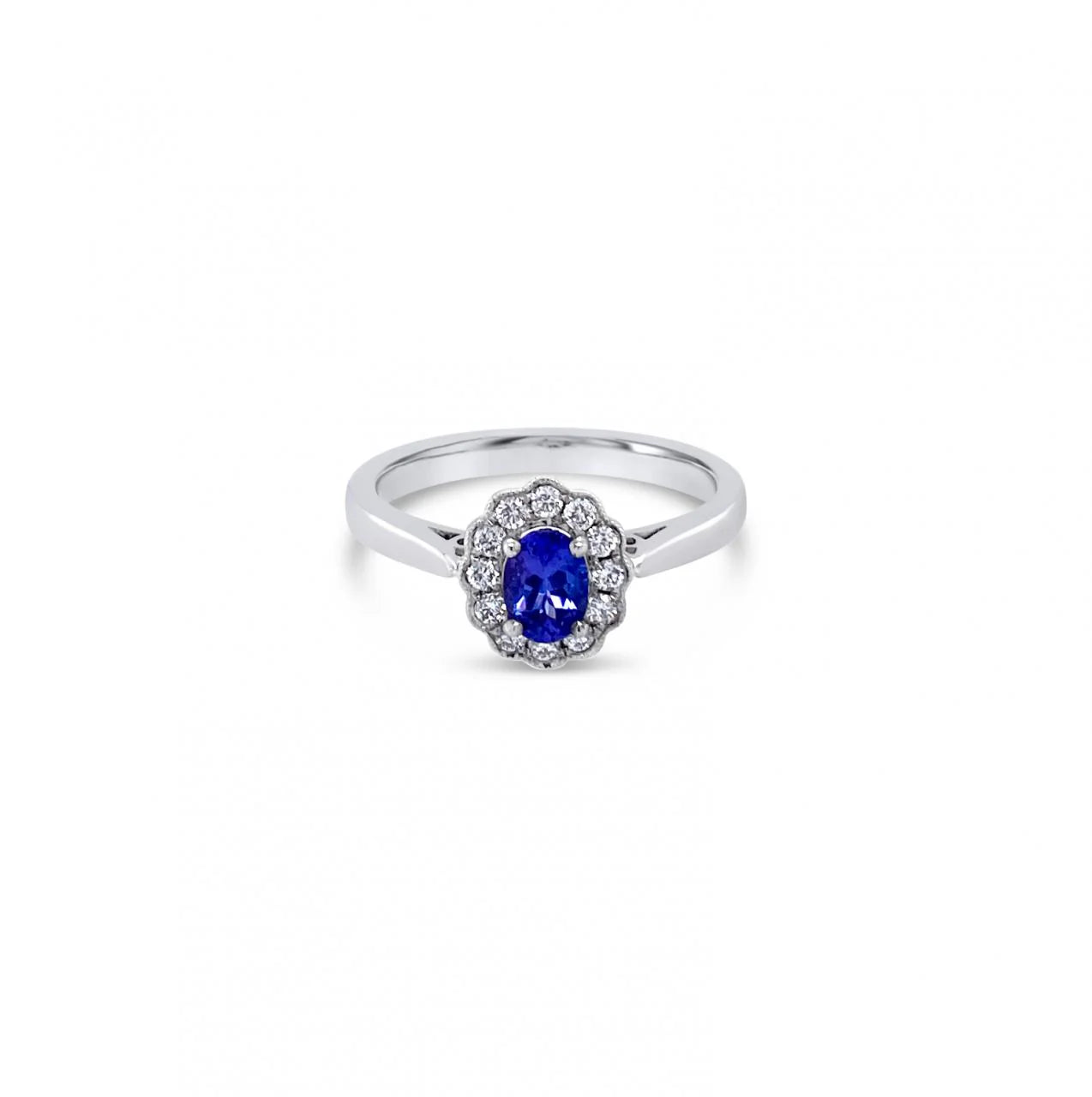 1.60 Carat Oval Tanzanite Gemstone 4 Prong Halo Ring in White Gold