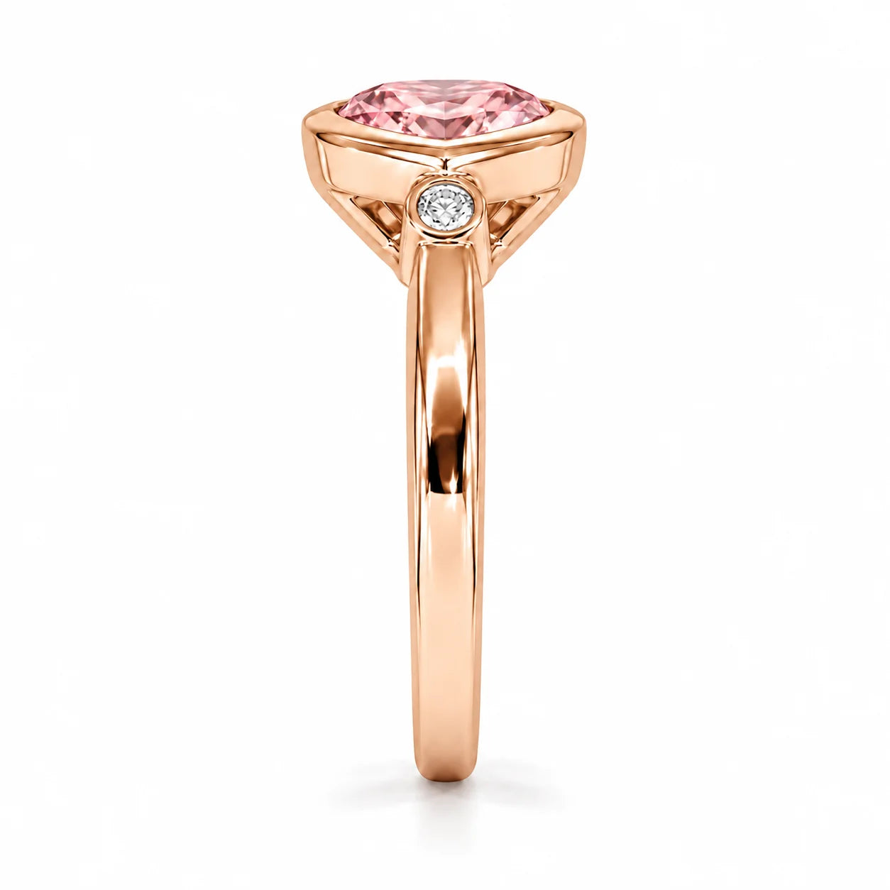 Side View Of 1.72 Carat Fancy Pink Heart Cut 3 Stone Diamond Ring