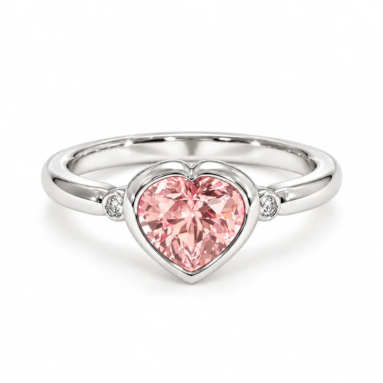 Front View Of 1.72 Carat Fancy Pink Heart Cut 3 Stone Diamond Ring