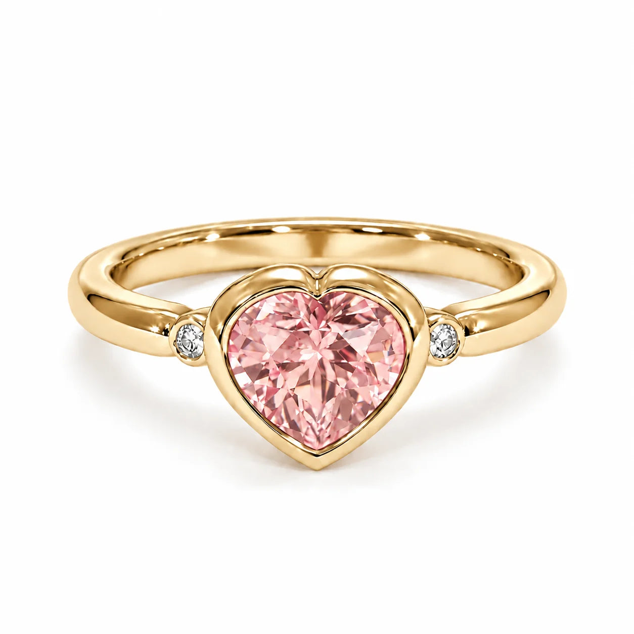 Front View Of 1.72 Carat Fancy Pink Heart Cut 3 Stone Diamond Ring