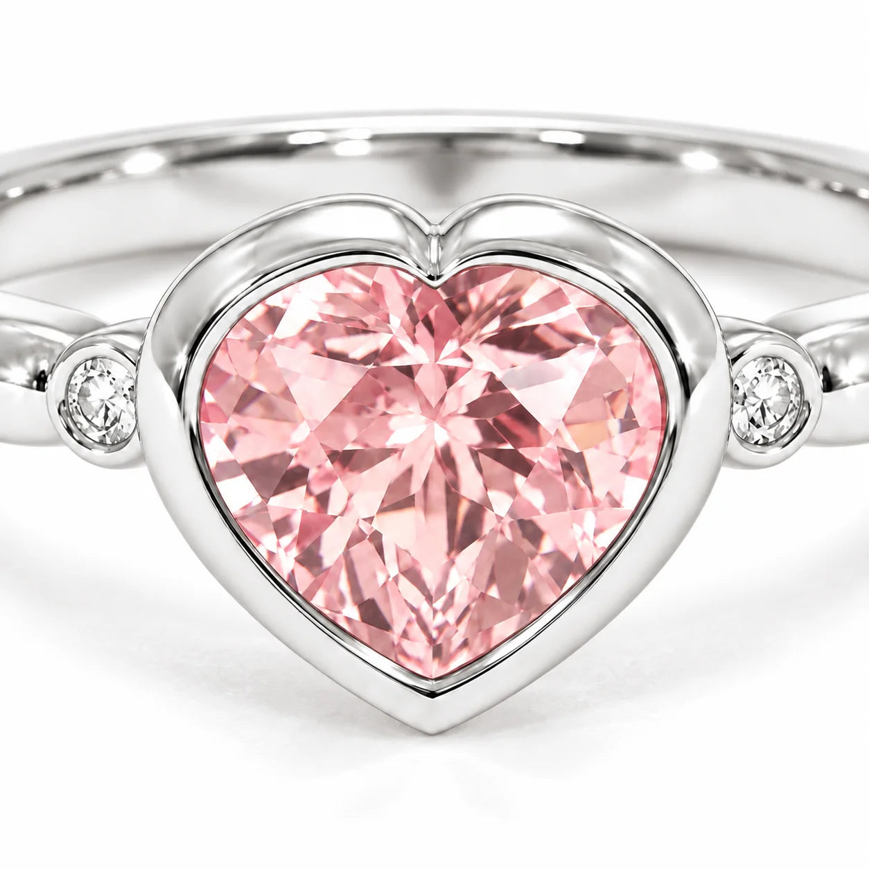 Close up View Of 1.72 Carat Fancy Pink Heart Cut 3 Stone Diamond Ring