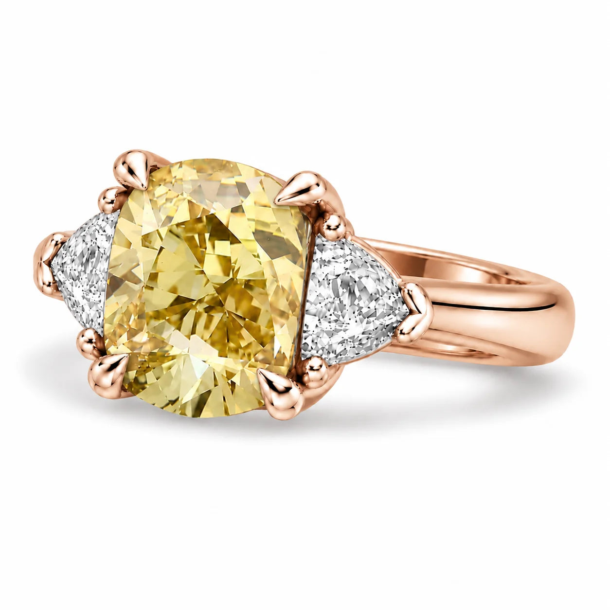 1.82 Carat Fancy Yellow Cushion Cut Three Stone Diamond Ring