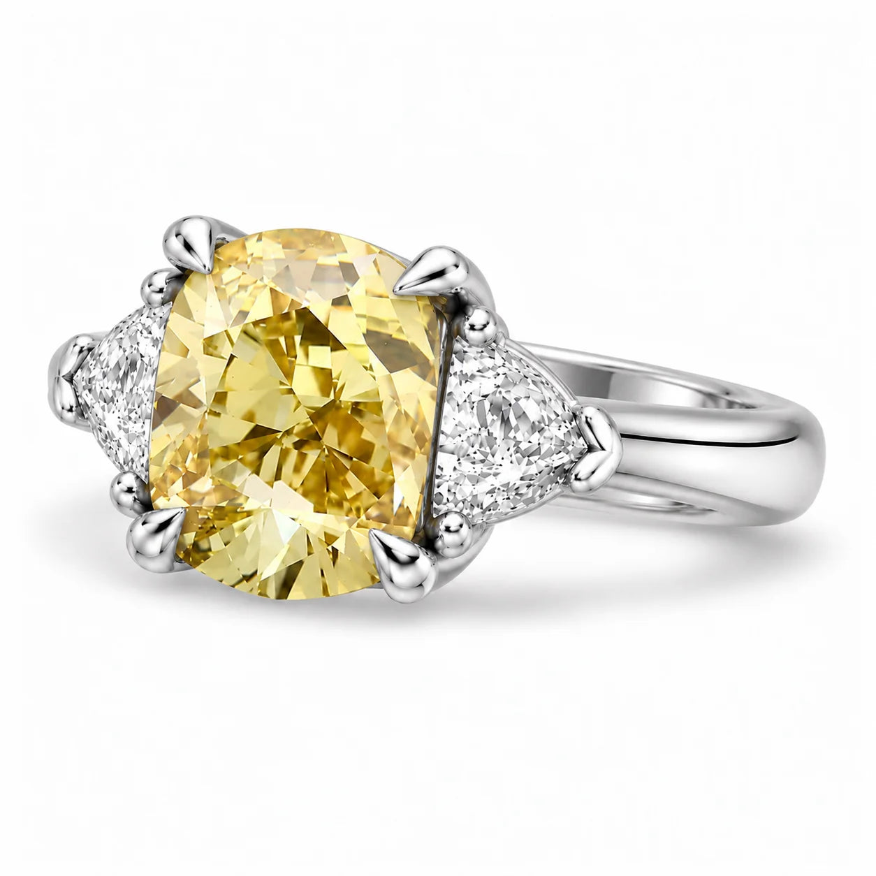 1.82 Carat Fancy Yellow Cushion Cut Three Stone Diamond Ring
